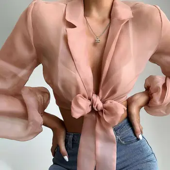 Šifón Blúzky Ženy 2019 Jeseň Fashion Transparentné Oka Lištovanie Dlhý Rukáv Hlboké V-Neck Tričko Úrad Bežné Topy Žena blusa