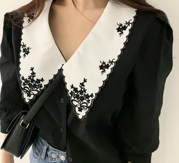Kórejský Elegantný Retro Dizajn Klope Plus Veľkosť Blusas Ženy Bežné Ťažké Výšivky Hit Farba Single-breasted Voľné Lístkového Rukáv Tričko