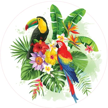 Kolo Panel kruhu pozadí Tropické leto papagáj toucan palmové listy, kvety Narodeninovej party dekor candy dezert tabuľka banner