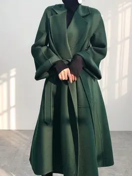 Babička zelená voda zvlnené obojstranné cashmere kabát žien stredného dlhé voľné vlnené kabát high-end voľný čas jeseň Dou
