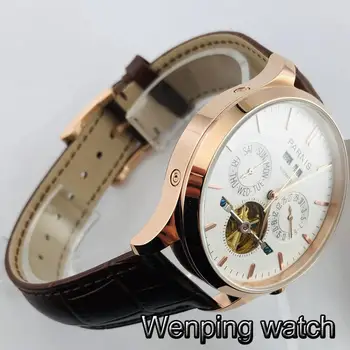 Parnis 43mm nové multifunkčné automatické pánske hodinky strieborné prípade, biely ciferník dátum, týždeň, rok mens top mechanické hodinky