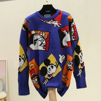 Disney Módne Minnie Mickey Mouse Karikatúra Tlače Sequined O-Krku Streetwear Roztomilý Ženy Sveter Pletený Sveter S Dlhým Rukávom Topy