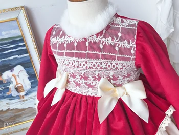 Dieťa Dievča, Jeseň, Zima Red Velvet Real Kožušiny Vintage španielsky Turecko Lolita Princezná plesové Šaty, Šaty pre Dievča Vianoce Príležitostné