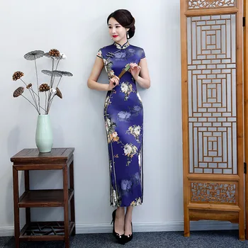 Fialová kvalitné Saténové Sexy Čínsky Tradičné Dlhé Cheongsam Šaty Pre Ženy, Plus Veľkosti 4XL 5XL Qipao китайское платье