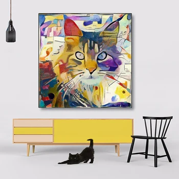RELIABLI UMENIE Farebné Mačka Zvierat Obrázky Kandinsky Abstraktné Maliarske Plátno Wall Art Obraz Pre Obývacia Izba, Spálňa BEZ RÁMU