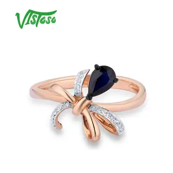 VISTOSO Zlaté Prstene Pre Ženy, Skutočné 14K 585 Rose Gold Ring Listy Lesklé Diamond Blue Sapphire Svadobné Zapojenie Jemné Šperky