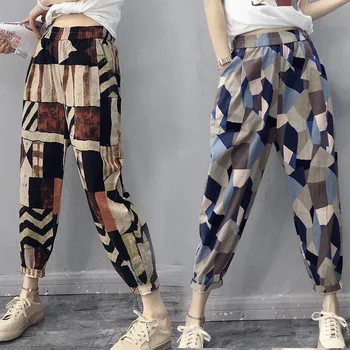 2020 Letné Móda Tlačené Bavlnená Posteľná Bielizeň Hárem Nohavice Pre Ženy Bežné Vysoký Pás Teľa-Dĺžka Voľné Nohavice Žena Streetwear