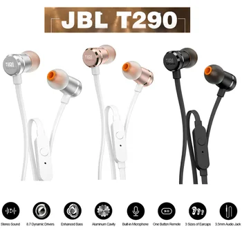 Veľkoobchod 5 ks/veľa Originálnych JBL T290 In-Ear Káblové Stereo Slúchadlá Športové Hliníkové Slúchadlá Pure Bass Headset S Mikrofónom