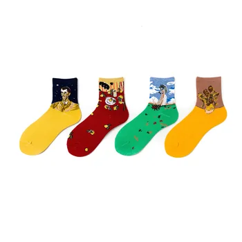 4 Páry/veľa percent Van Gogh Art Olejové Farby Bavlnené Ponožky Cartoon Streetwear Kawaii Krátke Ponožky Happy Ženy Teplé Zábavné, Roztomilé Ponožky