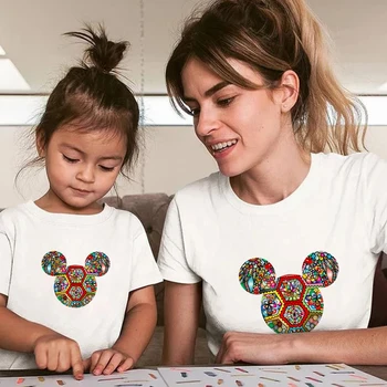 Kvet Mickey Mouse Hlavou Zábavné Print Biele Unisex tričko Lete Bežné Harajuku Deti Topy Tee Rodiny Zodpovedajúce Oblečenie