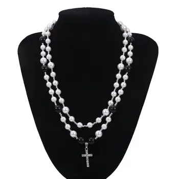 Móda Viacvrstvových Lesklé Drahokamu Cross Prívesok Náhrdelník Imitácia Perly Akryl Čiernej A Bielej Guľôčky Dievča Šperky