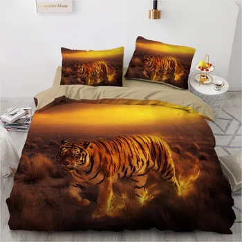 3D posteľná bielizeň Sady Black Povlaky na Prikrývku Kryt Nastaviť Cumlík Posteľná obliečka na Vankúš Kráľ, Kráľovná 203x230cm Veľkosť Zvierat Tiger Tlačené Dizajn