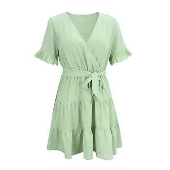 Ženy tvaru Krajky-up Šaty Letné Zelené Dovolenku Bežné Lotus leaf rukáv Mini A-line Šaty WL209