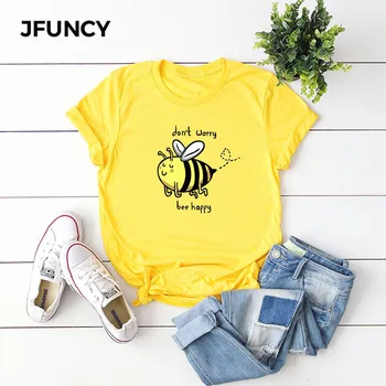 JFUNCY Roztomilý Kreslený Veľké Bee Print Plus Veľkosť Ženy Voľné Tee Topy Bavlna Letné T-Shirt Žena Košele Módne Bežné Tričko