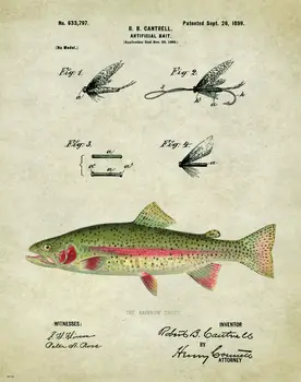 Rybolovná Lure Patent Pstruh Vintage Muchy Kabíne Hodvábnej Látky Obrázok Plagátu Spálne Dekorácie