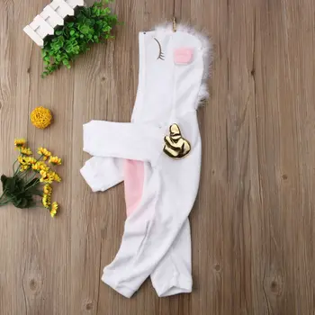 Dlhý rukáv Fleece Cartoon kapucňou Jednorožec Kostým Jumpsuit Remienky Pre Baby Girl