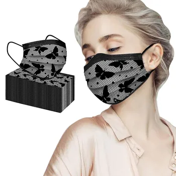 50pcs Jednorazové Čipky Úst Maska Non-tkané 3-vrstvový Filter, Masku na Tvár Motýľ Vytlačené Čierny Prach Dôkaz Dospelých Úst Masky Маски