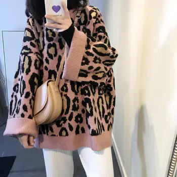 Bella filozofia Leopard Sveter Ženy O Krk Dlhý Rukáv Pulóvre Vintage Voľné Topy kórejský Nové Módne Streetwear Vytiahnuť Femme