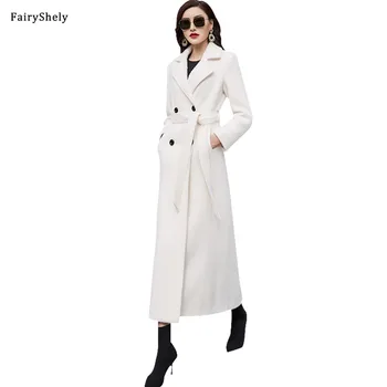 FairyShely kórejský Módne Biele Vlnené Kabát 2020 Ženy Jeseň Zima Nové Plus Veľkosť Žena Dlhej Časti Kabát Office Lady 3XL