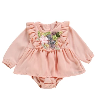 Princezná Jeseň Deti Baby Girl Šaty 3D Kvet Volánikmi Kombinézach Roztomilý Šaty s Dlhým Rukávom O-Krku Jumpsuit Bavlnené Oblečenie 0-24M