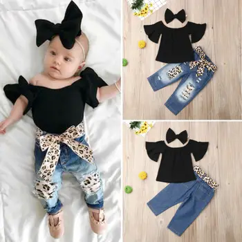 3KS 2019 Letné Deti, Baby, Dievčatá Oblečenie vyráža-Ramenný Topy T-Shirt Leopard Roztrhané Džínsy, Nohavice hlavový most Oblečenie Oblek