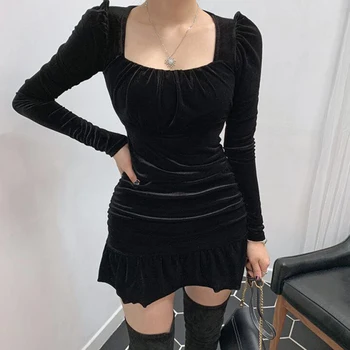 Sexy Prehrabať Zamatové Šaty Lístkového Dlhý Rukáv Mini Bodycon Čierna Vintage 2020 Jar Roztomilý Kórejský Štýl Ženy Oblečenie Kleider Damen
