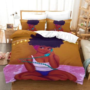 Fanaijia Luxury 3d Tlač manželskou Posteľou Sady cartoon Africké dievča Perinu s obliečka na Vankúš kráľovná cumlík sady