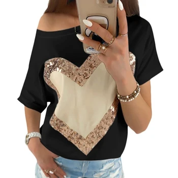 Sequined Srdca Tlače Plus Veľkosť Ženy Oblečenie Letné Krátke Sleeve T-Shirt Dámy Harajuku Príležitostné Voľné Módne Topy Tee SJ6301M