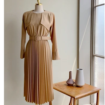 2020 Jar Vysoko Kvalitné Ženy O-Krku-Belted Skladaný Tričko Šaty Jeseň Elegantný Dlhý Rukáv Vysoký Pás Kórea Šaty Vestidos