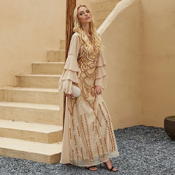 Siskakia Svetlo luxusné Sequin výšivky Maxi Dlhé Šaty Zlaté vrstvený Prehrabať rukáv Arabských Turecko Omán Maroko Dubaj Abaya Šaty