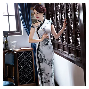 Čipky Kvet Dlhý Cheongsam 2020 Krátky Rukáv Čínske Tradičné Šaty Žena Vintage Qipao Lady Elegance Večer Party Šaty