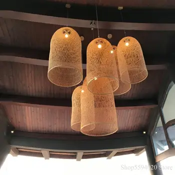 Juhovýchodná Ázia Bambusu Prívesok Lampy Jedáleň Domov Deco Visí Lampa LED Drevo Prútený Prívesok Osvetlenie Priemyselné Lampy Svietidlá