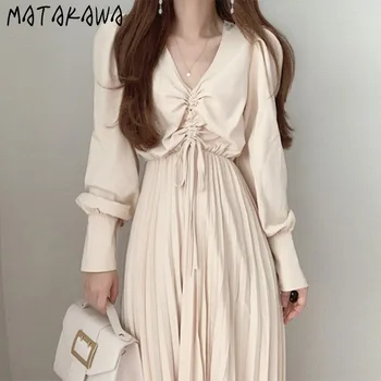 MATAKAWA Štíhly Pás Skladaný Dlho Femme Župan kórejský Elegantné Prehodil tvaru Farbou Žena Šaty Svietidla Rukáv Vestidos