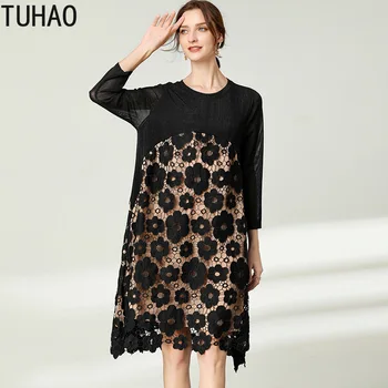 TUHAO 2020 Veľké veľkosti 4XL 3XL čierne šaty vyšívané čipky duté z šitie jeseň plus veľkosť matka voľné party šaty WM01