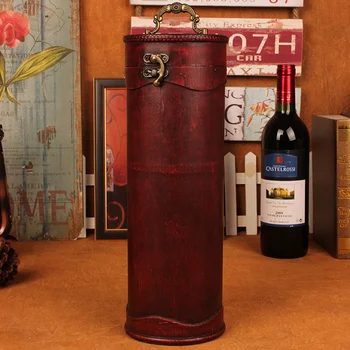 Vintage archaistic Jedno Červené Víno Box Prenosný kolo Dreva Víno Box Retro Darček Víno Úložný Box na Fľaše Packag Wth Rukoväť
