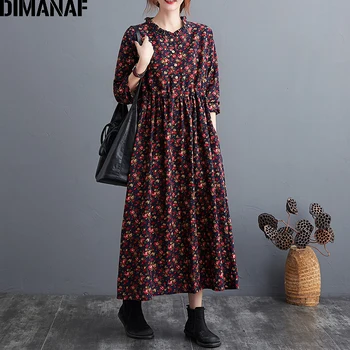 DIMANAF Plus Veľkosť Ženy Vintage Šaty s Dlhým Rukávom Kvetinový Tlač Elegantná Dáma Vestidos Prairie Elegantné Voľné Jeseň Zimné Oblečenie
