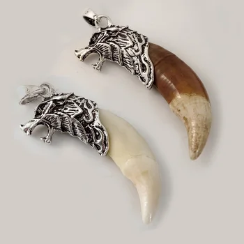 Muži Starožitné SilverColor Tribal Stark Vlk Fang Zub Prívesok Vintage Náhrdelník Skutočný Prírodný Zub Zliatiny Prívesok Šperky LY915