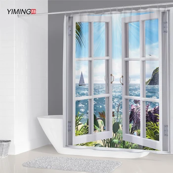 3D okno otvorenie scenérie okno scenérie tlač sprchový záves plesniam umývateľný opony kúpeľňa dekorácie s hákom opony