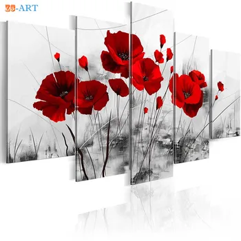 Červená Modrá Fialová Maku Kvety Vytlačí Plagát Plátno Na Maľovanie 5 Panel Moderné Čierne Biele Steny Umelecké Dekorácie Spálňa Domova