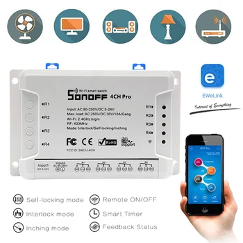 Sonoff 4CH Pro R2 Smart Home Wifi Prepínač 4 Gang Inching Self-Locking Interlock Ovládanie Smart eWelink Aplikáciu Diaľkové Prepínanie