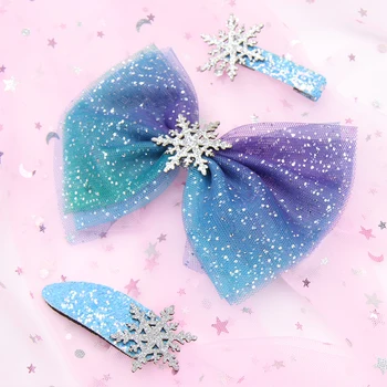 3 Ks/sada Princezná Snowflake Vianočné Vlasy Luky pre Dievčatá Lesk Hairgrips Modrá Hviezdna Oka sponky do Vlasov Deti Vlasy Príslušenstvo