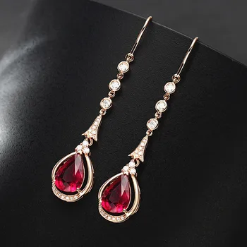 Luxusné drahé kamene rubín red crystal zirkón diamanty dlho visieť drop náušnice pre ženy rose gold tón šperky bijoux strany dary