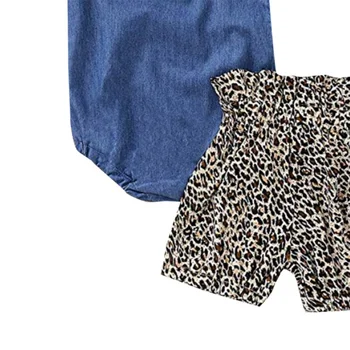 Dieťa Romper Nastaviť Letné Baby Girl Bežné Svetlice Rukáv Denim Leopard Romper Topy Šortky Hlavový Most Oblečenie Set