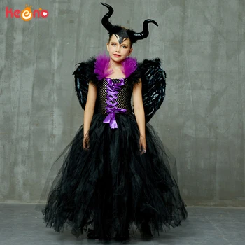 Maleficent Čierne Šaty Tutu Šaty s Deluxe Rohy a Krídla Dievčatá Darebák Maškarný Deti Halloween Cosplay Kostým Čarodejnice