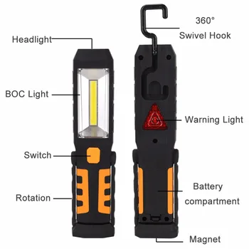 Multi-funkčné COB LED Baterka Magento Práce Lampa Biele Červené Výstražné Svetlo LED Bleskom Lampa Pochodeň S 360-stupeň skladacia Háčik