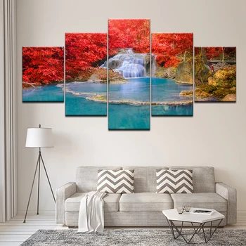 Maliarske plátno vodopád s červený javorový list krajiny 5 Kusov Múr Umenia Maľby Modulárny Tapety, Plagát, Tlač Domova