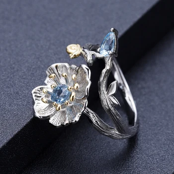 GEM BALET 925 Sterling Silver Ručné Krúžok Jemné Šperky Swiss Natural Blue Topaz Kvitne Maku Kvet, Prstene pre Ženy