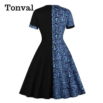 Tonval Leopard a Black Dve Tón Ženy Vintage Elegantná Línia Šaty okolo Krku Očarujúce Party Retro Dámske Šaty