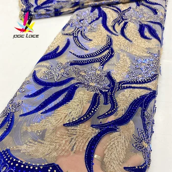 Velvet Textílie, Čipky Sequin Oka Vyšívané Africkej Nigérii Výšivky Kráľovská Modrá Farba Čistá Sekvencia Najnovšie Horúce Módne Predaj