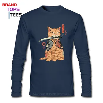 Vtipné Zlý Zadok Mačka Vytetované Koi Ryby Ako Samuraj Harajuku Tees Japonskej estetiky Catana pánske Dlhé Rukávy T-shirts